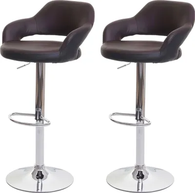 Two brown and black bar stools with silver bases and stems are shown against a white background.