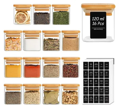 Image de 16 boîtes à épices verre couvercle bambou hermétique carré 113 ml 275 étiquettes