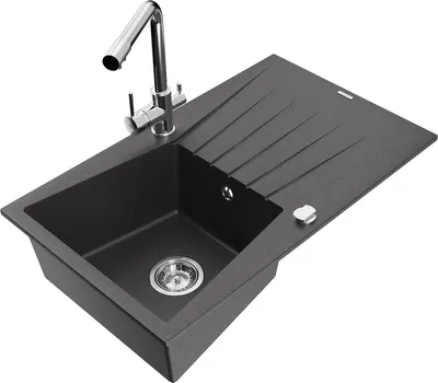 Produktbild von Mexen Cesar 1 Becken-Granitspüle mit Abtropffläche und Mischbatterie Duero, Schwarz gesprenkelt - 6514-76-671600-00