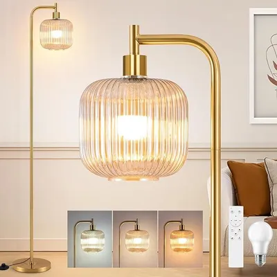 Produktbild von Retro LED Stehlampe Dimmbar, 160cm Vintage Stehlampe Wohnzimmer Mit Bernstein Glaslampenschirm, Fußschalter, Fernbedienung, 2700K-6500K, Moderne Stehlampen für Wohnzimmer Schlafzimmer Büro