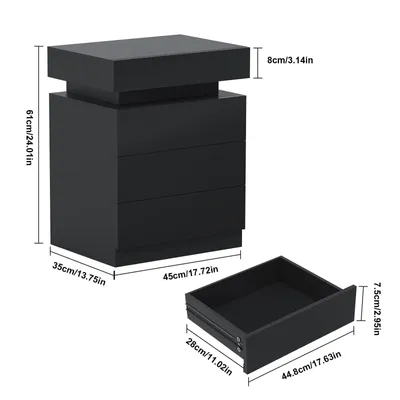Produktbild von Nachttisch Nachtschrank mit LED-Beleuchtung mit 3 Schubladen 45x35x61cm Schwarz