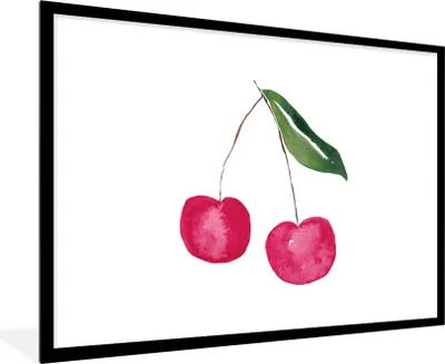 Produktbild von MuchoWow® Gerahmtes Poster Kirschen - Aquarell - Weiß 90x60 cm - Poster mit Schwarzem Bilderrahmen Wandposter Rahmen Foto Bilder - Wanddekoration - Fotos
