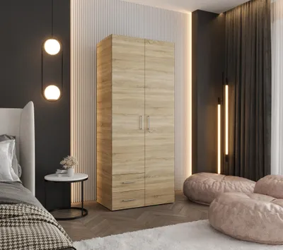 Produktbild von Kleiderschrank Sonoma Eiche 80 cm – Drehtürenschrank 190x80x48 cm – mit Kleiderstange, Einlegeböden und 2 Schubladen – Schlafzimmerschrank