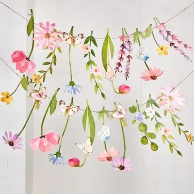 Produktbild von Blumengirlande,Papierblumen Deko,Pastell Gänseblümchen Banner mit Schmetterling,Zimmer Deko Aesthetic,Papierblumen Zum Aufhängen für Gartenparty,Geburtstagsdeko Mädchen,Hochzeit,Babyparty