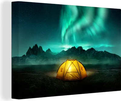 Produktbild von OneMillionCanvasses® - Leinwandbilder - 140x90 cm, Nordlichter - Zelt - Lampe, Wandbilder Kunstdruck Wanddekoration