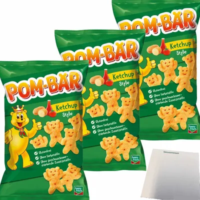 Produktbild von Funny Frisch Pom-Bär Ketchup Kartoffel-Snack Glutenfrei 3er Pack (3x75g Packung) + usy Block