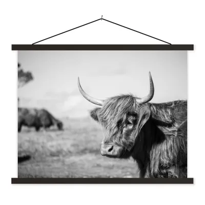 Produktbild von MuchoWow® Textilposter Schottischer Highlander - Tiere - Schwarz - Weiß 150x113 cm mit holzfarbenen Rahmen - Poster