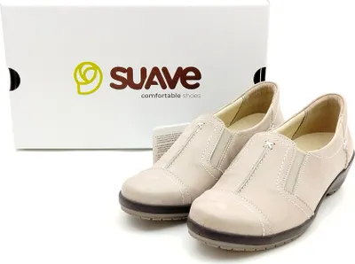 Produktbild von Suave Damen Leder Slipper mit Gummizug kleiner Keil Wechselfußbett beige 39