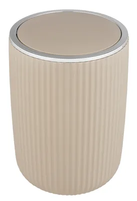 A beige trash can with a silver rim and lid.