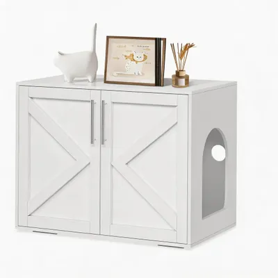 Image de Armoire pour litière pour chats - Meuble pour chat - Litière dissimulée - Double compartiment - Porte coulissante en bois - Table d'appoint - Blanc
