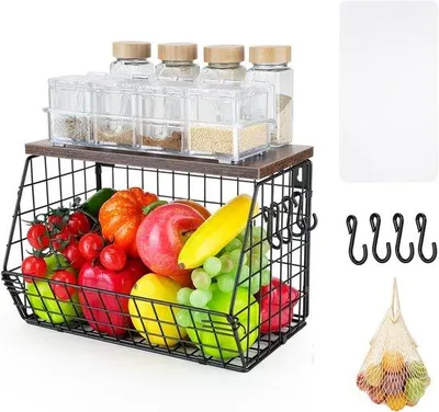 Produktbild von Metallische Obstkorb mit 4 Bananenhaltern - Stauraum für Obst und Snacks - Korb mit Drahtgeflecht und Holzlid - Küchenorganizer