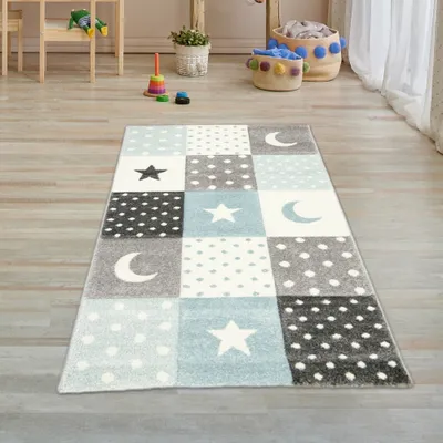 Produktbild von Kinderzimmer Teppich Spiel & Baby Teppich Punkte Sterne Mond Design in blau türkis grau creme Größe - 80 x 150 cm