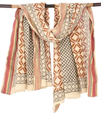 Produktbild von Leichter Pareo Schal, Sarong, Handbedrucktes Baumwolltuch, Lungi mit Webbordüre - Senf/beige, Uni, Braun, Baumwolle, 190*120 cm, Sarongs & Tücher