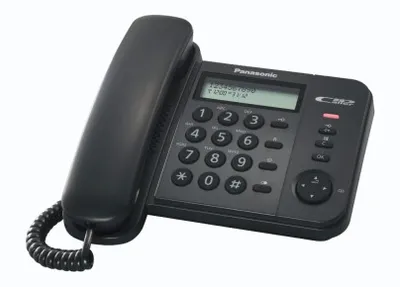 A black Panasonic corded telephone is shown against a white background.