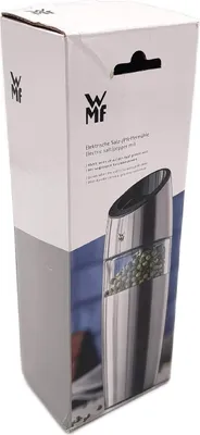 The image shows the packaging of an electric salt and pepper mill.