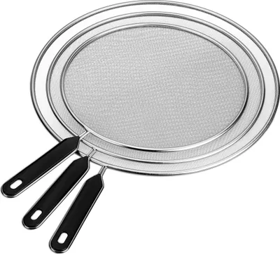 Produktbild von Relaxdays Pfannen Spritzschutz, 3er Set, Spritzsieb Edelstahl, ∅ 25, 29 und 33 cm, Fettspritzschutz mit Griff, schwarz
