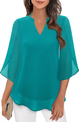Produktbild von ASKSA Damen T-Shirt V-Ausschnitt 3/4 aermel Sommer Bluse Elegant Einfarbig Laessig Arbeits Doppellagig Rueschenaermel Oberteile (Seeblau,L)
