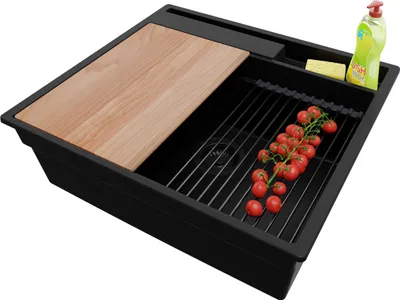 Produktbild von PRIMAGRAN Spülbecken Alles Schwarz 58x53cm, Granitspüle 1 Becken + Ablauf-Set + Küchenzubehörset, Küchenspüle ab 60er Unterschrank - Oslo Pocket