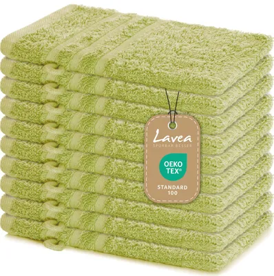 Produktbild von Lavea® 10er Set Waschhandschuh 15x21 cm – Saugstark Weich aus 100% Baumwolle, Frottierserie Elena – Waschbar und Strapazierfähig – Lindgrün