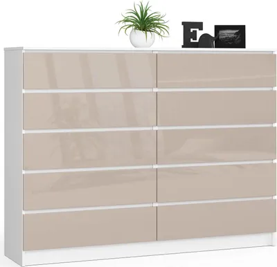 Produktbild von Kommode – Schubladenkommode – Sideboard – 160 cm – Weiß / Beige Hochglanz – Eleganz und Ordnung mit 10 geräumigen Schubladen