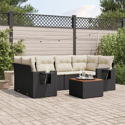 Produktbild von Design 7-tlg. Garten-Sofagarnitur mit Kissen Schwarz Poly Rattan, Gartenmöbel-Sets 2024 Neu