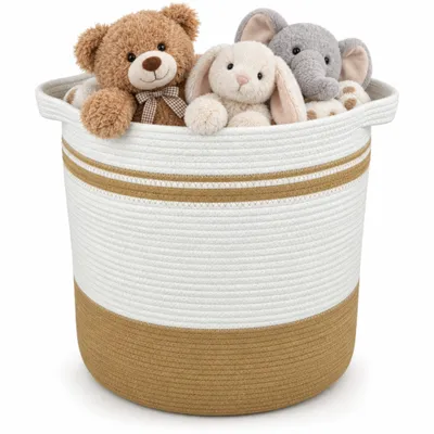 Produktbild von Celley Wäschekorb aus Baumwollseil 45 cm – Braun & Weiß Geflochtener Korb mit Griffen