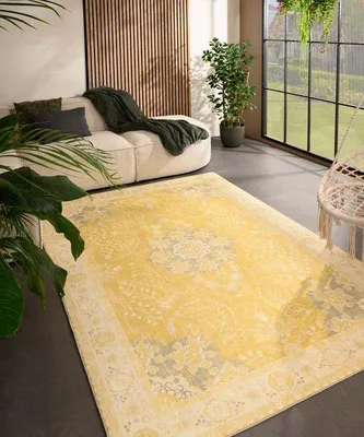 Image de Tapis Unyqoos® Valenca Luna (style vintage) – Jaune, 160 x 230 cm | Adapté pour l'intérieur et l'extérieur, maille 3D pour un amorti doux, lavable