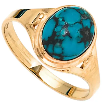 Produktbild von Ring Damenring mit echtem Türkis oval 585 Gold Gelbgold Fingerschmuck Innenumfang 56mm  Ø17.8mm