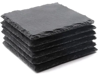 Productafbeelding van 6 zwarte, vierkante onderzetters van slate, elk 10,2 cm, met een anti-kras onderkant