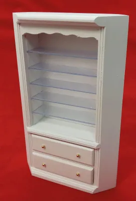 Produktbild von Miniatur Eck Bücherregal, aus Holz weiss lackiert. 1:12. Für Puppenstuben.