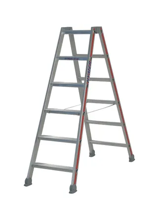 Produktbild von Hymer Stufenstehleiter, beidseitig begehbar, 2x6 Stufen, senkr. Höhe 1,38 m, Reichhöhe 2,88 m, Gewicht 6,7 kg