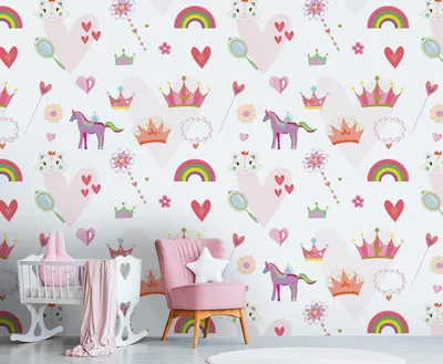 Produktbild von NEWROOM Tapete Bunt Vliestapete Prinzessin - Wandbild Kinder Rosa Weiß Einhorn Herzen Tapete Verspielt Kindertapete
