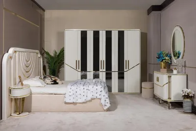 Image de Ensemble chambre à coucher (lit, 2 tables de chevet, armoire, commode avec miroir)