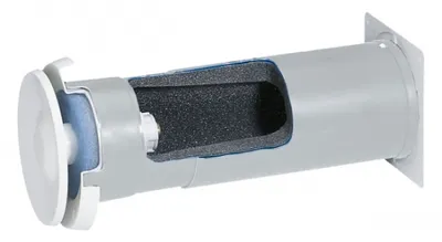 A cutaway view of a ventilation component, showing its internal structure and insulation.