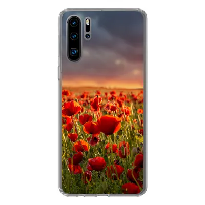 Produktbild von MuchoWow® Handyhülle Schutzhülle Hülle für Huawei P30 Pro Sonnenuntergang über einem Feld von Mohnblumen Silikon Softcase Handy Hülle - Schutzdeckel