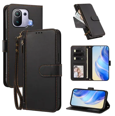 Obrázek produktu pro Peněženkové pouzdro pro Xiaomi Mi 11 Pro,Polyuretankožené pouzdro s přihrádkami na karty, stojánkem a poutkem na ruku Černá