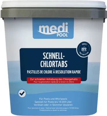 A white bucket with a grey lid containing pool chlorine tablets.