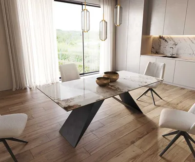 Produktbild von DELIFE Esstisch Edge 200x100 Keramik Minas Melange Weiß-Beige V-Gestell Flachstahl Schwarz