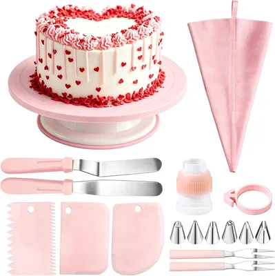 Imagen del producto de Juego de decoración para pasteles de 17 piezas, que incluye un plato giratorio, una espátula, una manga pastelera de 30 cm (12 pulgadas), ideal para decorar pasteles