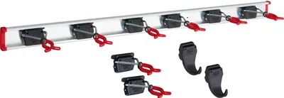 Produktbild von Bruns Gerätehalter-Set, Aluminium, 1000mm, 1 Schiene 8 Halter 2 Haken, Schwarz/Rot, sicherer Halt bis 10kg, Spannbereich 0-50mm