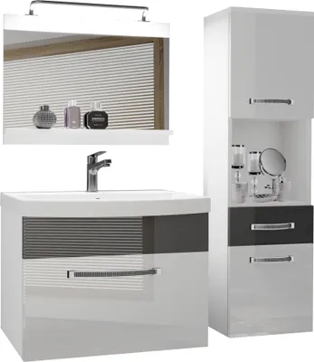 Produktbild von BELINI Badmöbel Vollausstattung Set Waschbeckenschrank, Hochschrank, Waschbecken, Spiegel, Lampe (Weiß/ Silber, Glänzend)