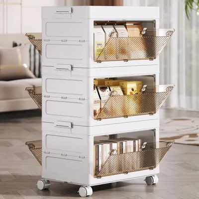 Obrázek produktu pro Úložné boxy – s dvířky – stohovatelné do 3 úrovní – skládací – plastové – na hračky a knihy – hnědé