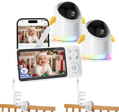 Image de Babyphone avec 2 caméras et APP 2K/5,0 pouces WLAN Babyphone avec écran partagé PTZ 360° Zoom 4x IR/RGB Vision nocturne avec 2*supports