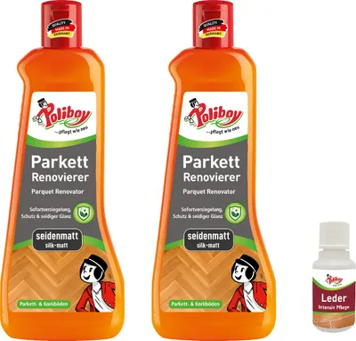 Produktbild von Poliboy Parkett Renovierer Seidenmatt - 2x500ml - für strapazierte Holz- und Korkböden - mit Leder Probe - 99A6101