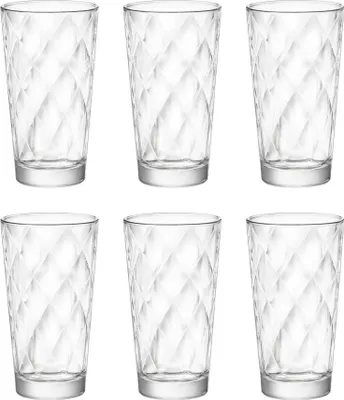 Six clear glasses arranged in two rows of three on a white background.