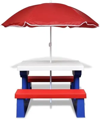 Produktbild von Famanu Kindertischset mit Sonnenschirm - Rot/Blau/Weiß