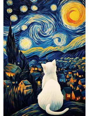 Obrázok produktu pre Sada na maľovanie diamantmi "5D Hviezdna obloha", motív: biela mačka, kreslený štýl, rozmer 30x40 cm
