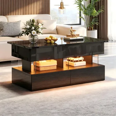 Obrázok produktu pre Konferenčný stolík, 100 x 50 x 46 cm, 100% drevotrieska, akryl, čierna farba, konferenčný stolík s nastaviteľnou výškou, 2 zásuvkami a LED osvetlením