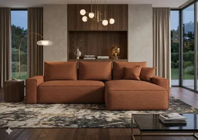 Produktbild von CORNERO Ecksofa mit Schlaffunktion CALIFORNIA in L-Form mit Bettkasten Sofa mit Schlaffunktion Couch mit Stauraum Orange Ottomane rechts