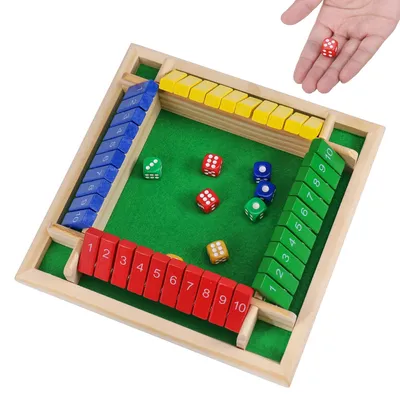 Immagine prodotto di Omgoods - Gioco educativo per due giocatori - Gioco "Shut the Box" in legno - Per 4 giocatori - 8 dadi colorati - Gioco di strategia - 22 cm x 22 cm - Gioco da tavolo